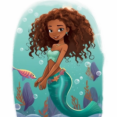 a little black girl verision of disney's little mermaid, ariel, afro hair, detailed clipart, full body, detailed fin