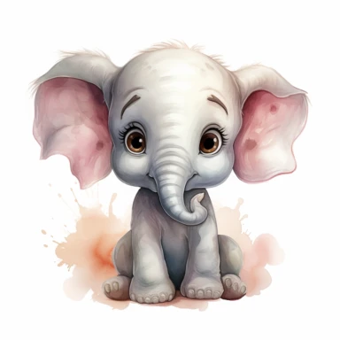 Develop a caricature watercolor-style clipart of a cute baby elephant, concentrating on its expressive face and distinctive trunk. Apply a color palette of soft grays, pinks, and white to amplify its youthful appeal. Start with the elephant's face, emphasizing its large, innocent eyes with an engaging sparkle that exudes curiosity. Use a soft gray for the face, adding a touch of pink for its healthy glow. Paint the inside of its oversized ears with a gentle pink, making sure the colors blend nat