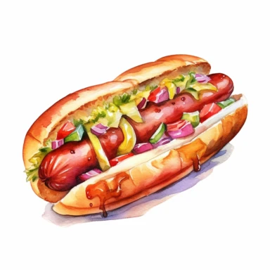 A watercolor clipart of a hotdog, white background