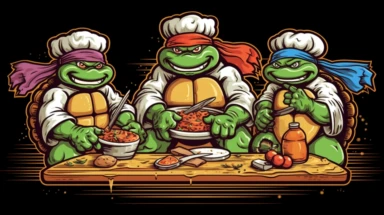 retro teenage mutant ninja turtles wearing chef hats while making sushi clipart, cartoon, color, dark outlines full body shot
