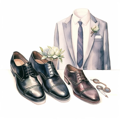 wedding watercolor graphics, subtle neutral pastel tones, sparklecore, embossed paper, Create a dashing wedding clipart featuring sleek and polished groom's shoes, exuding a sense of style and refinement, completing the groom's ensemble for a truly memorable wedding celebration, candid, multi-layered