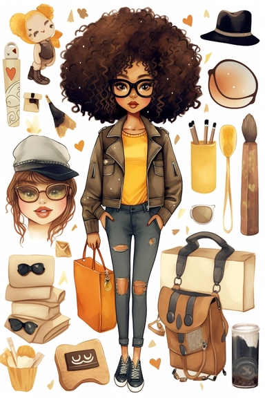 clipart set Cute illustration fashion black woman back to school watercolor clipart, full body, Cute kawaii sticker