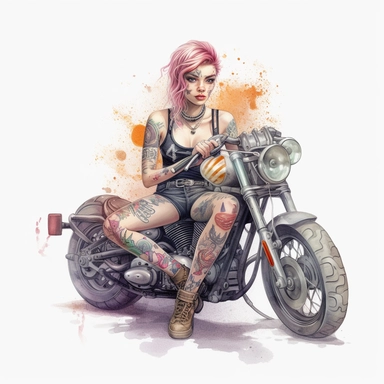 cute [Heavily tatted biker chick pixie fairy Harley davidson ] , hyper-realistic watercolor illustration, 3d, 8k high definition, highly detailed, masterpiece, clip art, white background