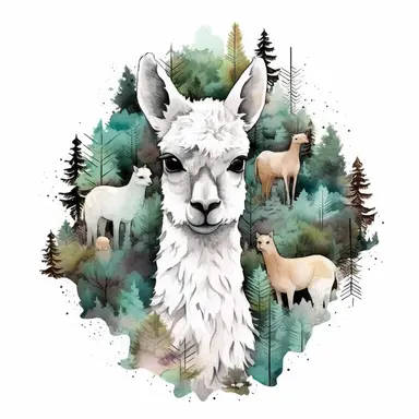 • collage quirky cool collage forest alpaca Vicugna pacos clipart, detailed, clean line, hd, on white background, spaced out
