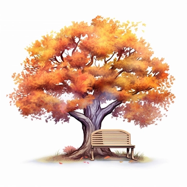 Autumn tree by the bench, in the style of digital airbrushing, pattern - based painting, storybook illustrations, hd, ps1 graphics, soft shading, accurate and detailed, style by Lucy Fleming, watercolor, smooth gradients, black contour outline, ultra detailed, clipart elements, delicate pastel colors, solid white background, super clear, high quality