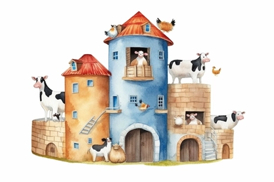 cute factory farm clipart, watercolor storybook style, HD, spaced out, isolated white background