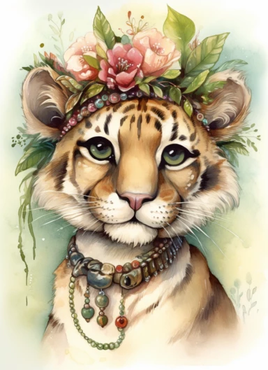 clipart,a cute little tiger in a field with floral bonnet on its head wearing necklace ,in the style of jody bergsma, 32k uhd, hand-painted details, charming character illustrations, dark brown and light beige,red/green, aquarellist, hd , white background clipart