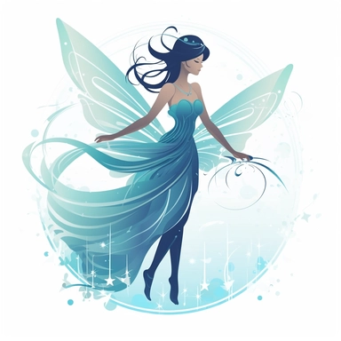 Create a cartoon-style clipart of a delicate sylph kissed by the sky, featuring translucent wings that evoke an ethereal quality. The sylph should have a graceful pose, and the sky behind her should be a gradient of blue hues, conveying a sense of wonder and whimsy. The lines of the drawing should be clean and distinct, and the high-contrast white background should make the sylph and sky stand out. This clipart would be ideal for use in a range of creative projects, from children's books to grap