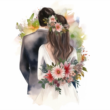 watercolor the middle of the couple New with arms around in the park back view Bridal veil with Dahlias flowers and leaves adorning her hair. hair up with flowers vividly bold designs png realistic cartoon in 32K UHD cute. 15 cm thick outline. Black color. There was no shadow on the ground. 8k with realistic watercolors. and detailed illustrations. PNG clipart, transparent white background