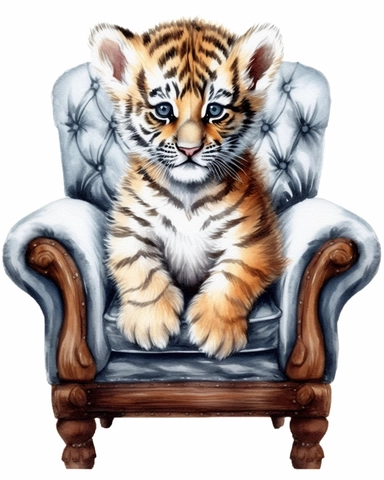 detailed watercolor Baby tiger on a chair , hyper realistic, isolated on a white background, clipart
