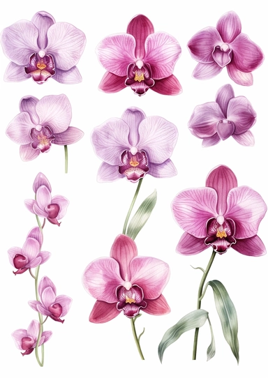 In the midst of your design journey, it's time to create eye-catching orchid clipart that will add a touch of sophistication to the corners of invitations. Your task is to develop a versatile orchid clipart design, isolated on a clear white background. Consider the lines, shapes, and intricate details that make orchids unique. Embrace your artistic style, whether it's whimsical, realistic, or minimalist, and create a set of clipart elements that capture the essence of these enchanting flowers. L