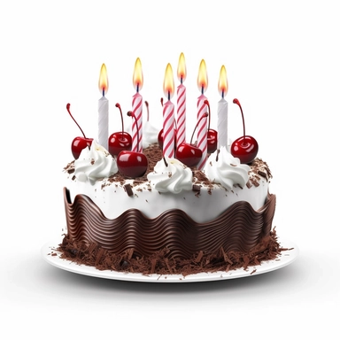 Create a clipart image of a black forest cake with small-sized perfectly aligned candles. Show a chocolate cake with evenly layered whipped cream and cherries, garnished with chocolate shavings, and small-sized symmetrically placed candles for a visually pleasing birthday presentation.