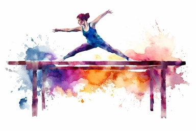 Watercolor, Generate an image of a gymnast balancing on the uneven bars clipart, hd, on a white background, spaced out