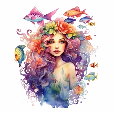 Mermaid with a seashell crown, floating among colorful fish, white background, Watercolor Clipart