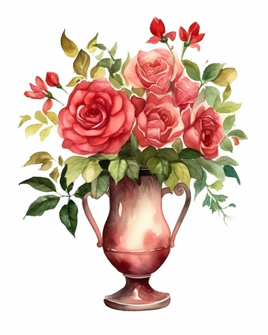 Watercolor clipart of a vase with red roses , isolated from solid white background, 8k, boardwalk colors