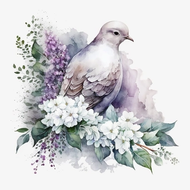 clipart aquarelle watercolor, detailed ans realistic, white background. beautiful flower tribute in white color, white theme, Bouquet for funeral, loss, sorry, with additions like sash ribbon, white dove
