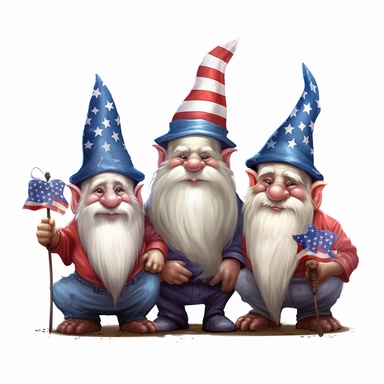 4 july gnomes photorealistic clipart,on white background with margins