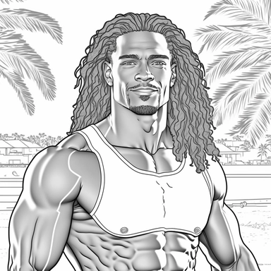 monochrome classic coloring book page of full body head to toe clipart style of smiling, handsome African American man with smooth skin no blemish, he has round detailed eyes, chiseled face with hair, very muscular, tank top, hyper realistic, hyper detailed, hair is short curly dreadlocks, wearing a full African outfit, line art, 8k polished focused photography, there is no background on this image