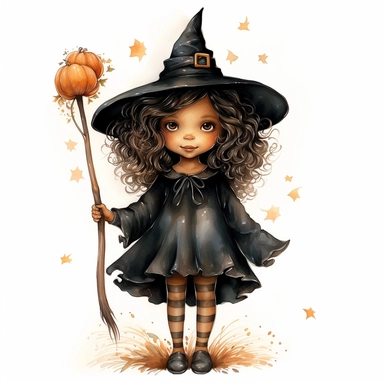 Hand drawn , halloween cute little witch standing make magic wand clipart, watercolor, Claudia Tremblay style ,no shadow,single design, print on demand image, PNG transparent ,white background for removing background - - no text shadow font watermark