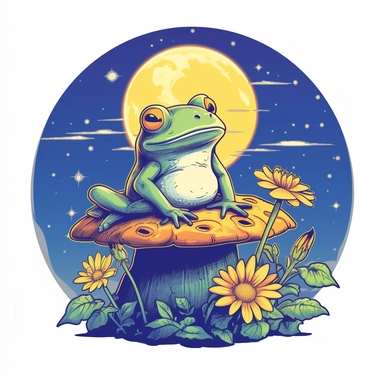 an adorable aesthetic frog sitting on a mushroom and looking at the moon with sunflowers, aurorapunk, In the style of dreamy symbolism, In the style of made of crystals, fiberpunk, flowerpunk, cottagecore, detailed illustration, white background, old fashion looking, cartoon comic, vector colour stencil, magic light, tshirt design, no words only visual, flat cut, intricate details Sublimation Clipart,hyper realistic, intricate detail, illustration style,high solution,on the white background
