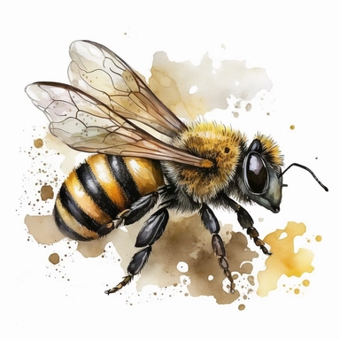 Envision a charming watercolor clipart capturing the essence of a honey bee. The bee is portrayed with delicate brushstrokes, showcasing its vibrant yellow and black stripes, as well as its translucent wings in graceful flight. The watercolor technique adds a touch of softness and depth to the artwork, with gentle blends of warm yellows, earthy browns, and hints of shimmering gold. The bee is depicted in a natural setting, surrounded by blossoming flowers painted with lively, vivid colors, refle