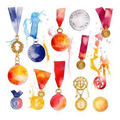 watercolor illustration of Academic medals, school clipart, studenti life style, clipart, watercolor clipart, watercolor splashes, illustration, artsy, white background