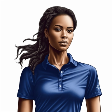 photo-realistic, partial profile, waist-level view of beautiful, but angry, physically fit African American woman, age 25, wearing a very stunning royal blue polo shirt, waist view on white background for vector clipart