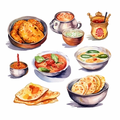 watercolor clipart illustration on a white background of Indian Cuisine: Depictions of traditional Indian wedding foods, such as biryani, samosas, or sweets like jalebis.