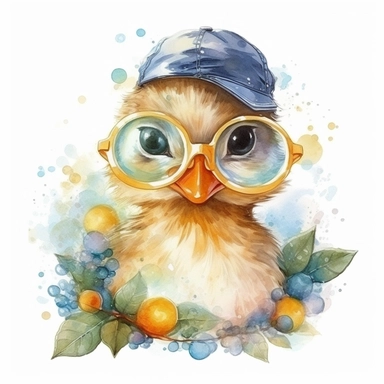 Cute duck BABY WITH GLASSES AND blowing chewing gum bubble, BIG BEAUTIFUL SHINNING EYES, HEAD TWISTED DOWN TO THE SIDE, Watercolor Little Animals Clipart, LEAVES AND TREE
