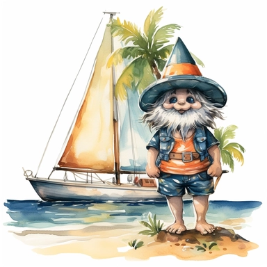 gnome sailor on yacht in Hawaii beach outfit, vibrant color, clipart, watercolor illustration, white background