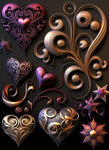 loops, hooks, hearts, stars, doodles, swirls, waves, whimical, flower clipart, blossoms, decorative buttons, kawii, hyper realistic , intericate details, high definition,