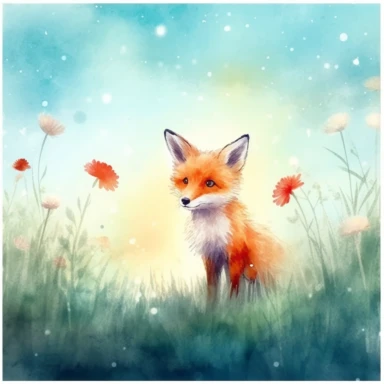 Clipart. A fox playing in a meadow. children book illustrations, Whimsical illustrations, ethereal, charming, childlike, carefree, dreamy, fun and colorful, 8K, 3D rendering, cinematic lighting effect, cute, watercolor, Cute and quirky, fantasy art, By Laura Watson, bokeh, hand-drawn, digital painting, soft lighting, bird's-eye view, vibrant vector, seed1
