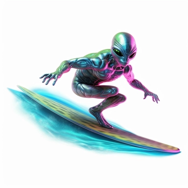 Holographic Alien surfing a wave. Clipart. White background.