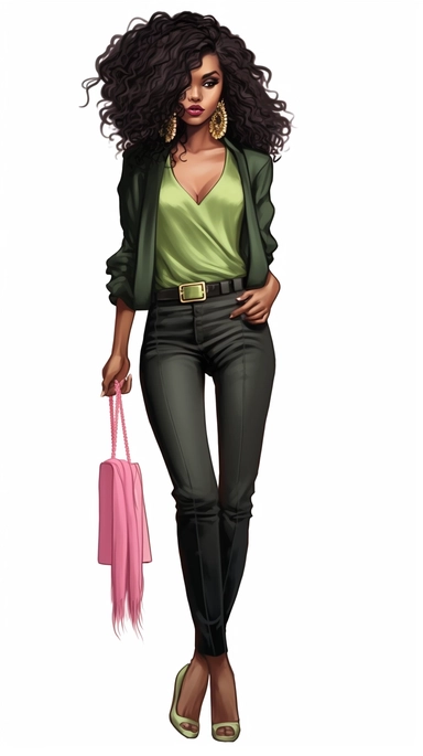 Faceless clipart, Boss girl clipart, Fashion illustration, African American clipart, Look Clipart, Fashion clipart, Black woman clipart, pink and green toned, royal, cartoon, painting
