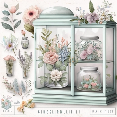 ultra quality details, a glass cabinet with glass containers, watercolor pastel palette, botanical precision, flowers, clipart