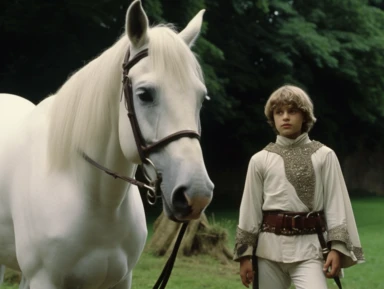arthur as a young squire is walking next to a white horse, medieval clothing, vhs clip of 1981 movie the grail, in the style of home video, keyframe