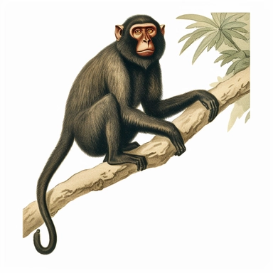 vintage 1920 Baboon on a tree branch Illustration,Postcard 1920s Illustration, Vintage, Colorful, Antique, Ephemera, Clipart, 8k, Isolated on white