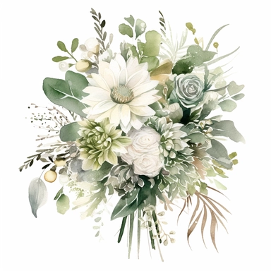 one watercolor wedding bouquet clipart on a white background, in the style of light green and white, intricate floral arrangements, white and bronze, intricate embellishments, sterling silver highlights, bold traditional, blurry details , no watermark, text, 300 DPI , typography, shapes do not stick together, no text in the picture, on a white background