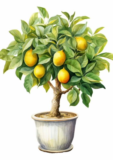 little watercolor jackfruit tree growing in mediterranean pot clipart on white background