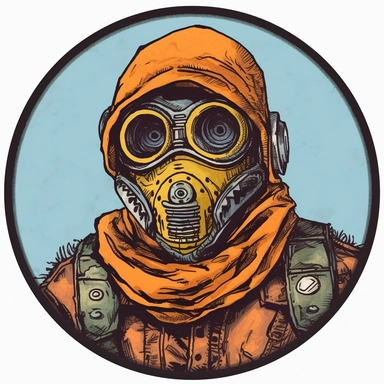 steampunk desert bandit merchant, Basil Wolverton Mike Allred Mad Max Lord of the Rings, handpainted punk zine indie retrowave, clipart illustration, circular solid background