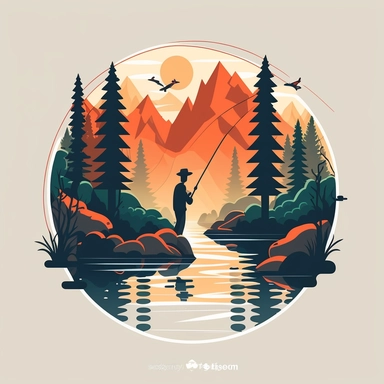 fishing in river going through forest mountains in the background clipart minimalistic
