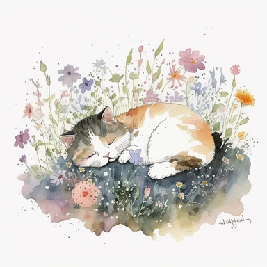 watercolor and pencil drawing of an cute kitten sleeping in the garden bed of flowers, ​happy, gentle smile, beautiful watercolor ink wash coloring, thick pencil lines, Jon klassen, beatrix potter, popular on etsy, watercolor illustrations clipart, watercolor illlustrations for kids and children, plain white background