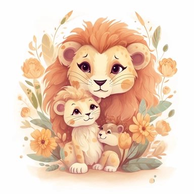 Cute floral illustration, realistic adorable baby lion hugging his mom happy clipart, nursery style clipart, Nursery Animals Art, Kids Wall Art, Kids Room Decor, Baby Room Decor, isolated on white, ultra - detailed, high quality, ghibli style, award winning
