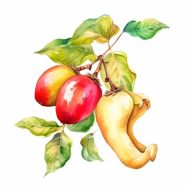 An endearing watercolor Cashew Apple clipart of Cashew Apple playing with elements 300DPI