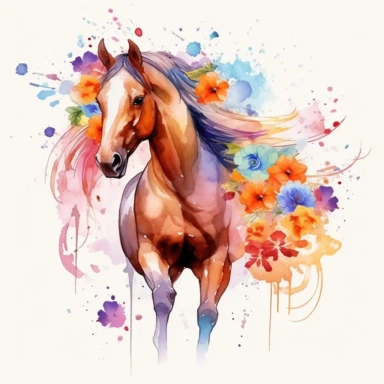 colorful Horse, full-body portrait, in frame, background frame, inside the background frame, (Mustang - Brown with a wild, untamed look), Watercolor Clipart, massive flowers splash, LUSH, flowers splash, full Illustration, ((white background)), 4k, sharp focus, watercolor, smooth soft skin, japanese style, symmetrical, soft lighting, detailed face, concept art, muted colors, watercolor style, children's style fairy tales, Octane rendering, 3d, Perfect face, detailed face, delicate face, perfect 