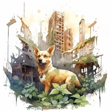 watercolor clipart dog in a abandoned places overgrown city