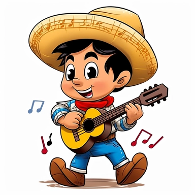 a cute little boy dressed for a brazilian junina playing guitar, Clothing from Northeast Brazil, happy, Monica's gang style, Graphics Maurício de Sousa, digital art, big eyes, cartoon, clipart , country girl from festa junina from brazil cute drawing white background