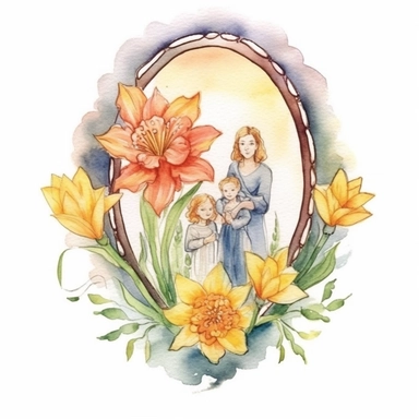Compose an enchanting hand-drawn watercolor clip art image showcasing a family gift niche with birth flowers representing a family of three. Customize the image by selecting birth flowers for each family member: a March baby (Daffodil), a June baby (Rose), and a December baby (Poinsettia). Incorporate a warm and inviting color palette, evoking a sense of coziness and love within the artwork.