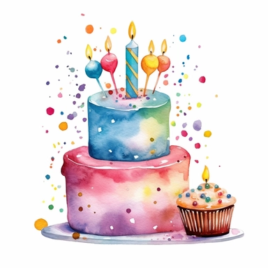 Watercolor, colorful birthday cake and cupcakes, confetti, vector clipart, white background