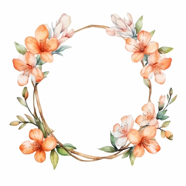 watercolor clipart of a empty suttle dainty floral oval frame surrounded by peach color flowers. Capture the essence of blooming beauty and intricate details in your artwork, white background
